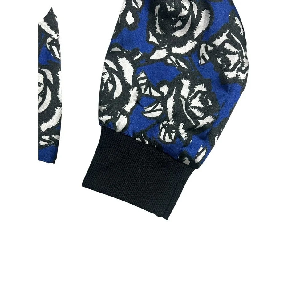 X by GOTTEX Women's Floral Satin Bomber Jacket Blue Roses Size Large Zip Pockets